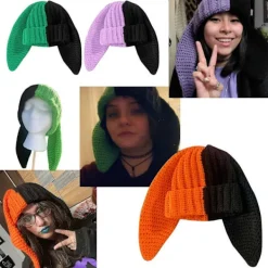 Stickade Kaninmössor Huvudbonad Fotorekvisita DIY Handgjorda Huvudbonader Fotorekvisita Tillbehör Långa Öron Kanintema mörkgrön> Huvudbonader