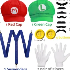 Super Mario Bros Mario och Luigi Hattar Kepsar Mustascher Handskar Knappar Cosplay Kostym-FA-><noscript><img width=