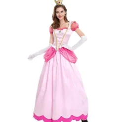 Super Mario Peach Cosplay Kostym Rosa Prinsessklänning + Handskar + Huvudbonad Outfit Set Karneval Party[qb] S> Dräkter