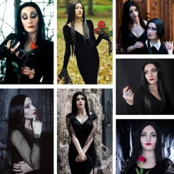 Svart Morticia Addams peruk Svart peruk för Morticia kostym Kvinnor S><noscript><img width=
