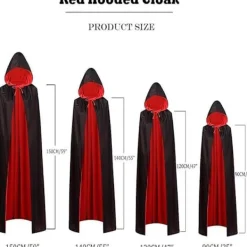 Svart och röd vändbar cape Halloween Cape Vampyrdräkt Maskerad Dracula Magiker Djävul Cosplay Vuxen Barn Röd och Svart Stå med Huva 150CM/59