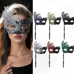 Svart Silver Maskeradmask för Kvinnor med Avtagbar Pinne, Mardi Gras Venetiansk Festmask, Halloween Cosplay Kostymtillbehör> Masker