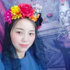 Svart Slöja Blomsterkrona Gotisk Dödens Dag Huvudband Halloween Tiaror> Huvudbonader