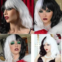 Svart vit peruk - Dam syntetisk halv svart halv vit vågig cosplay kort peruk> Peruker