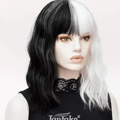 Svart vit peruk - Dam syntetisk halv svart halv vit vågig cosplay kort peruk><noscript><img width=