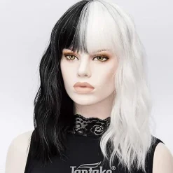 Svart vit peruk - Dam syntetisk halv svart halv vit vågig cosplay kort peruk><noscript><img width=