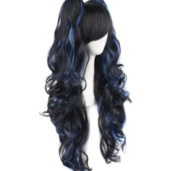 (Svart/Blå) 28"/70cm Lång Lockig Kvinnor Flätade Peruker> Peruker