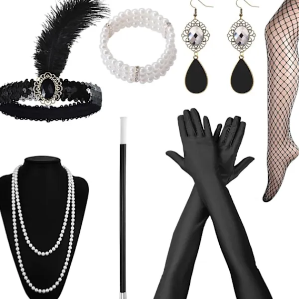 1920-talets accessoarer för kvinnor, Gatsby-accessoarer för kvinnor, set med 20-talstema, pannband, långa svarta handskar, halsband, örhängen, cosplay | Fyndiq> Tillbehör