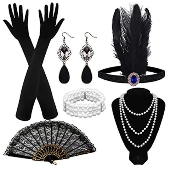 1920-talets kvinnliga flapper Gatsby kostymtillbehör set vintage stil 20-talets flapper pannband pärlhalsband armband örhängen handskar(F)> Tillbehör