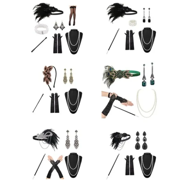 1920-tals Flapper-kostym: Pannband, Halsband, Handske, Armband, Gatsby-stil, Onesize> Tillbehör