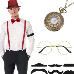Holocky 1920-tals Herr Gatsby 8-delad Tillbehörssats Hatt Suspender Fluga><noscript><img width=