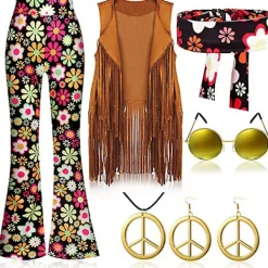 70-tals Hippie Party Retro Kostym med fransväst + byxor + scarf svart L> Dräkter