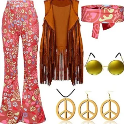 70-tals Hippiefest Retro Kostym med fransväst + byxor + halsduk Rosa-FM- XXL> Dräkter