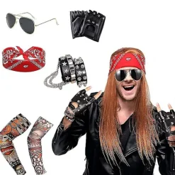 1980-tals Metal Rocker Rockstar Rock N Roll Kostym 70-tal 80-tal Festtillbehör Set Hårband Tatuering Manschetter Handskar Punk Armband (6 stycken)> Tillbehör