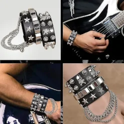 1980-tals Metal Rocker Rockstar Rock N Roll Kostym 70-tal 80-tal Festtillbehör Set Hårband Tatuering Manschetter Handskar Punk Armband (6 stycken)><noscript><img width=