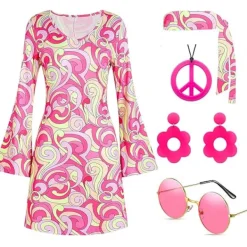 60-tals 70-tals Disco Outfit Hippie Kostym Kvinnor, 1970-tals Stil Kläder Klänning Fredsmärke Tillbehör Smycken Halloween L> Dräkter