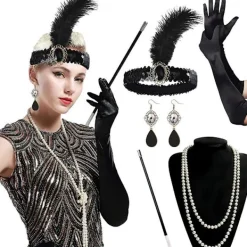 1920-tals Tillbehör för Kvinnor Gatsby Tillbehör för Kvinnor 20-tals Tema Set Hårband Långa Svarta Handskar Halsband Örhängen Cosplay> Tillbehör