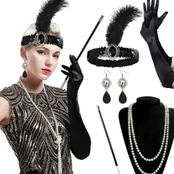 1920-tals Tillbehör för Kvinnor, Gatsby Tillbehör Dam Set Mode Vrålande 20-tals Tema Pannband Långa Svarta Handskar Halsband Örhängen Cosplay> Tillbehör