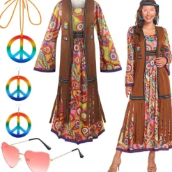 60-talsdräkt dam, hippie damklänningsset, 70-tals disco halloween-outfits, hippiekläder damdräkt, 60-tals klädtillbehör L> Dräkter