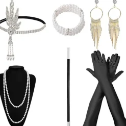1920-talstillbehör för kvinnor, Gatsby-tillbehör Set Mode Roaring 20-tals set, 7 st Pannband Långa Svarta Handskar Halsband Örhängen För Dam | Fyndiq> Tillbehör