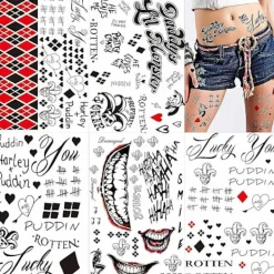 Tatueringar i stor storlek för Suicide Squad Joker Harley Quinn, 5 ark temporära tatueringsdekaler för Harley Quinn Joker Perfect> Smink