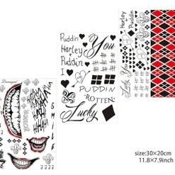 Tatueringar i stor storlek för Suicide Squad Joker Harley Quinn, 5 ark temporära tatueringsdekaler för Harley Quinn Joker Perfect> Smink