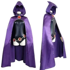 Teen Titans Raven Cosplay Kostym Superhjälte Mössa Bodysuit Halloween Bodysuit + Mössa + Midjekedja XS> Dräkter