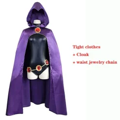Teen Titans Raven Cosplay kostym Superhjältemantel Jumpsuits Zentai Halloween tighta kläder + Cape + midja smyckekedja L> Dräkter