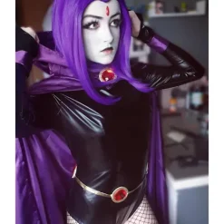 Teen Titans Raven Cosplay kostym Superhjältemantel Jumpsuits Zentai Halloween tighta kläder + Cape + midja smyckekedja L><noscript><img width=