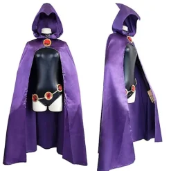 Teen Titans Raven Cosplay kostym Superhjältemantel Jumpsuits Zentai Halloween tighta kläder + Cape + midja smyckekedja L><noscript><img width=