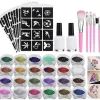 Temporär Glitter Tatuering Kit Kompatibelt med Barn, 24 Stora Glitterfärger Kroppsglitter Festival Party med 5 Penslar 2 Lim> Smink