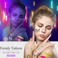 Temporär Tatuering 20 Ark Fluorescerande Tatuering Reaktion på Svart Ljus UV Neon, Temporär Tatuering för Kvinnor, Män, Flickor, Tonåringar, Barn><noscript><img width=