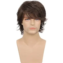 TG Snygg kort peruk för män Bruna lager naturliga lockiga våg peruker> Peruker