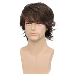 TG Snygg kort peruk för män Bruna lager naturliga lockiga våg peruker><noscript><img width=