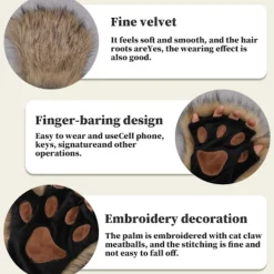 Therian Paws, Katt tass 1 Par Halvfinger Therian Paws Söta broderade päls tassar Dekorativa realistiska tasshandskar för barn vuxna cosplay scen, | Fyndiq> Tillbehör