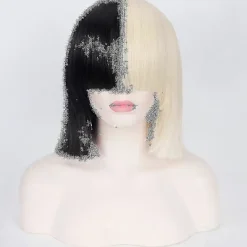 This Is Acting Sia Anime Cosplay Peruk Syntetiskt Hår Kvinnor Rak Halloween Halv Blond Svart Kort Bob Peruker Med Lugg_Billiga presenter> Peruker