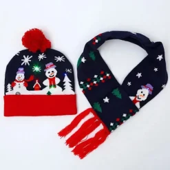 Tomte LED-upplyst mössa med halsduk stickad julmössa för vuxna barn vinter varm julmössa halsduk (C><noscript><img width=