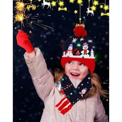 Tomte LED-upplyst mössa med halsduk stickad julmössa för vuxna barn vinter varm julmössa halsduk (C><noscript><img width=