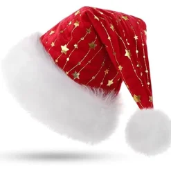 Tomtehatt för Vuxna, Fluffig Julhatt med Gyllene Stjärnor, Varm Stor Julhatt för Män och Kvinnor> Huvudbonader