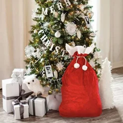 Tomtesäck + Tomteluva och glasögon. Stor röd julklappssäck i sammet, presentpåsar, röda och vita glasögon och hatt. Kostym för julfesten.> Tillbehör