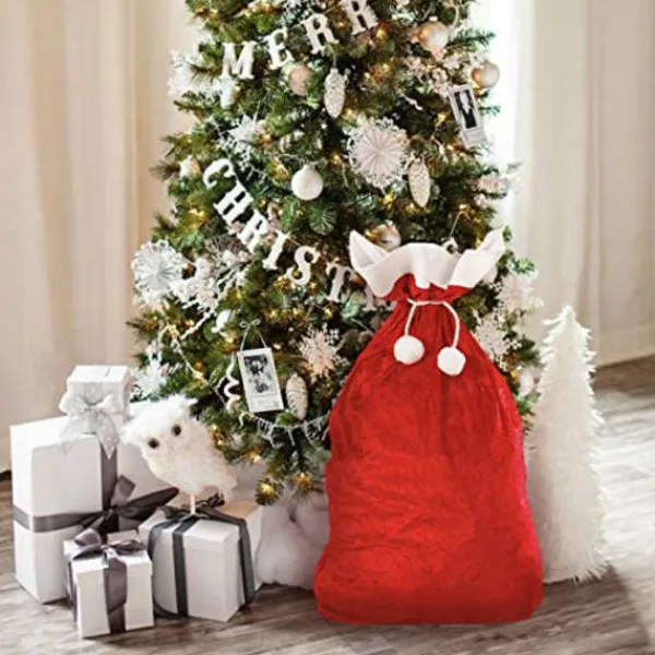 Tomtesäck + Tomteluva och glasögon. Stor röd julklappssäck i sammet, presentpåsar, röda och vita glasögon och hatt. Kostym för julfesten.> Tillbehör
