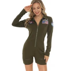 Top Gun Rollspel US Air Force Pilot Uniform Halloween Kostym Dam Vuxen Armégrön Militär Pilot Bodysuit> Dräkter