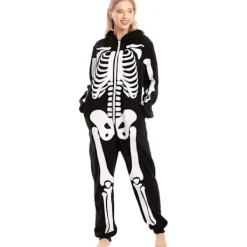 Unisex Skelett Onesie Pyjamas Plysch Skelett Jumpsuit Dragkedja Halloween Hoodie Pyjamas för Vuxna Sovkläder Kostym Svart L><noscript><img width=