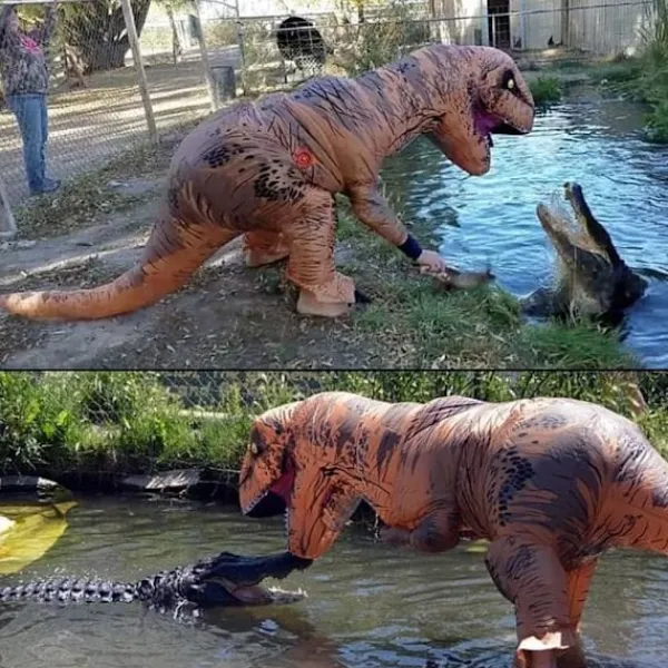 Uppblåsbar T-Rex Dinosaurie Kostym Halloween Maskerad Klädsel för Vuxna (Brun)> Dräkter