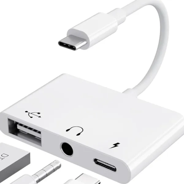 USB C-adapter 3,5 mm-uttag med snabbladdning OTG-adapter, Typ C till Aux-splitter hörlurar ljud (vit)> Smink