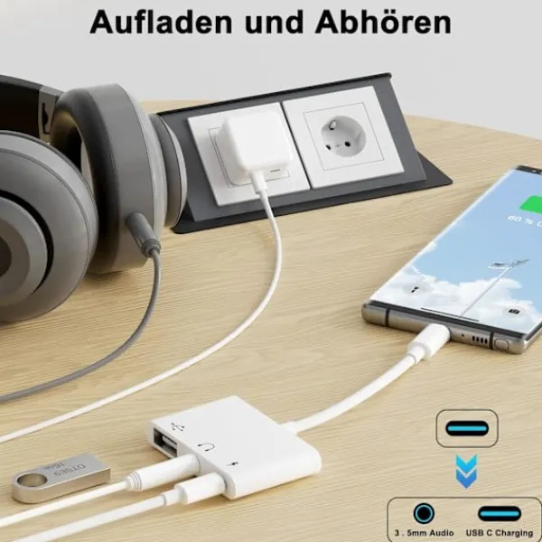 USB C-adapter 3,5 mm-uttag med snabbladdning OTG-adapter, Typ C till Aux-splitter hörlurar ljud (vit)> Smink