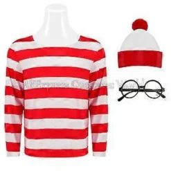 Var är Valle Cosplay Kostym Valle Cos Röd och Vit Randig Tröja Glasögon Hatt Vuxen Jul M> Dräkter