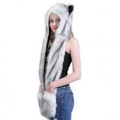 Varg Fuskpäls Party Djur Hatt Halsduk Handskar Vantar för Kvinnor Män 3-i-1 Mjuk Pälsig Hoodie Kostym Hattar Mjuk Varm Mössa Öronlappar(C)> Huvudbonader