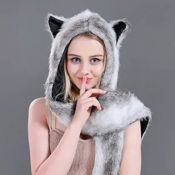 Varg Fuskpäls Party Djur Hatt Halsduk Handskar Vantar för Kvinnor Män 3-i-1 Mjuk Pälsig Hoodie Kostym Hattar Mjuk Varm Mössa Öronlappar(C)> Huvudbonader
