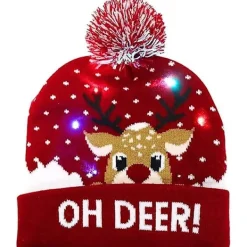 Varm LED Julmössa, Ljus Julmössa, Unisex Stickad Julmössa, Med Renmönster, Passar För Fester (röd)> Huvudbonader